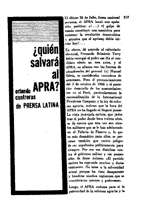 Orlando Contreras, ¿Quién salvará al APRA?, Pensamiento Crítico, número 30, julio 1969 Pensamiento Crítico