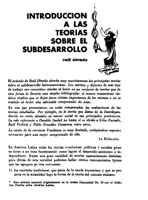 Raúl Olmedo, Introducción a las teorías sobre el subdesarrollo, Pensamiento Crítico, número 36, enero 1970 Pensamiento Crítico