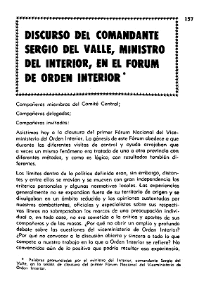 Sergio del Valle, Discurso pronunciado en el Fórum del Orden Interior, Pensamiento Crítico, número 45, octubre 1970 Pensamiento Crítico