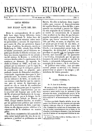 Juli&aacute;n Sanz del R&iacute;o, Cartas in&eacute;ditas, 1874