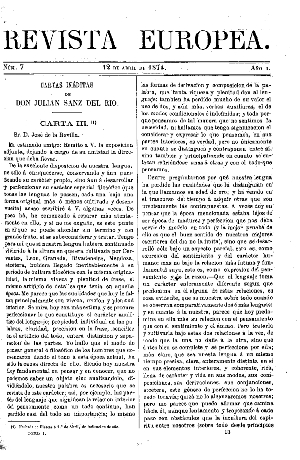 Juli&aacute;n Sanz del R&iacute;o y Jos&eacute; de la Revilla, Cartas in&eacute;ditas de Don Juli&aacute;n Sanz del R&iacute;o, 1874