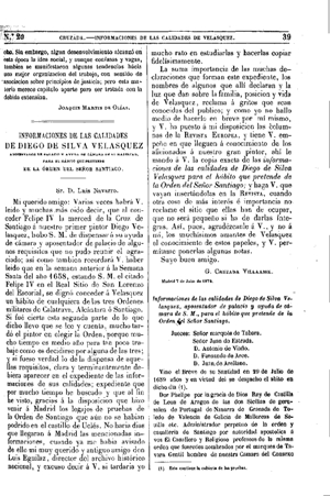 Gregorio Cruzada Villaamil, Informaciones de las calidades de Diego De Silva Velasquez, 1874